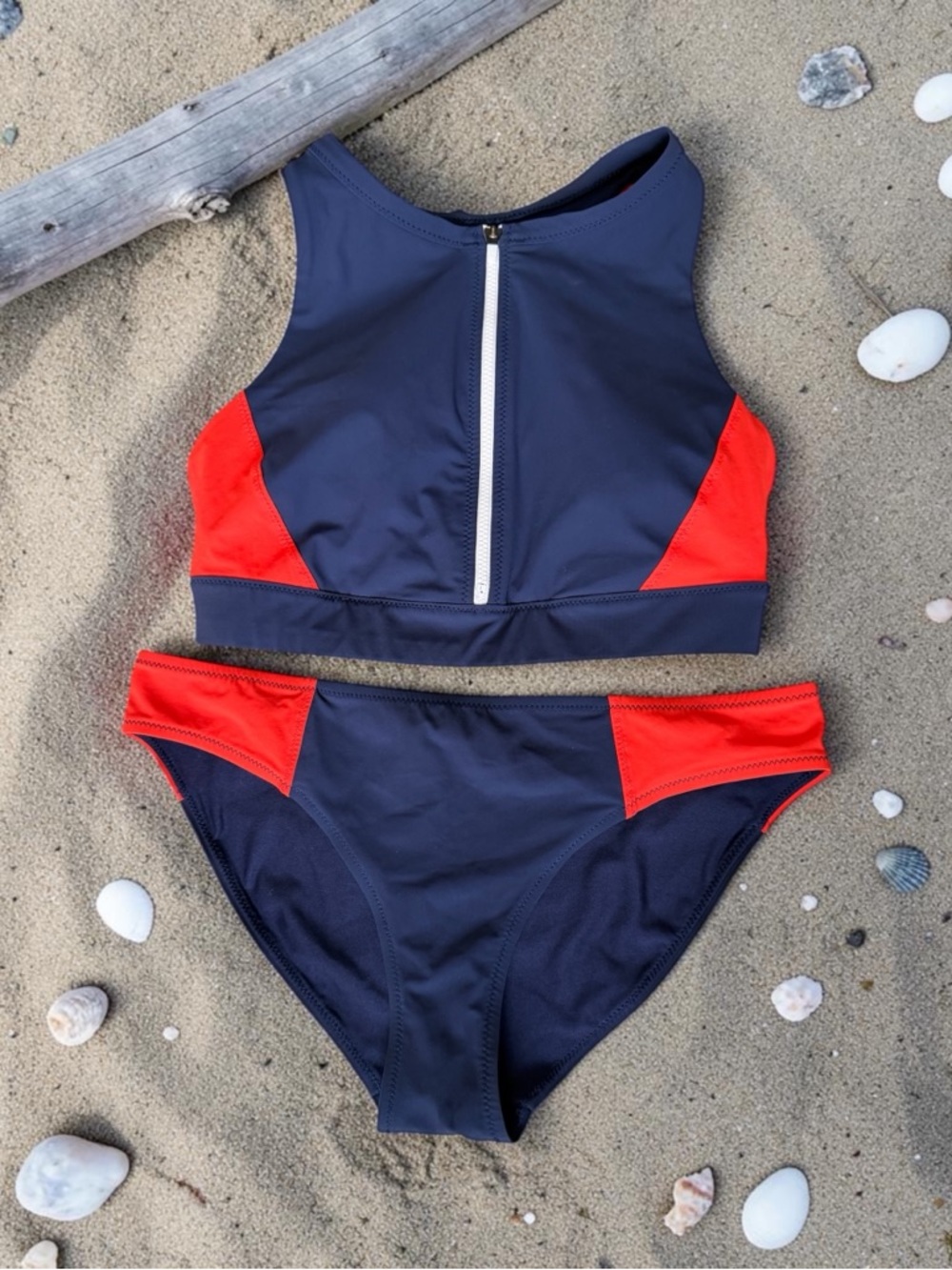 Athleta Women's Color-Block Mid
Rise Bikini Bottom & Zip Front Top| Size S